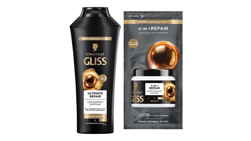 Gliss Ultimate Repair Yıpranmış Kuru Saçlar İçin Şampuan 400 ml & Gliss 4'ü 1 Arada Onarıcı & Yeniden Yapılandırıcı Ultimate Repair Saç Bakım Maskesi 10 ml Paketi