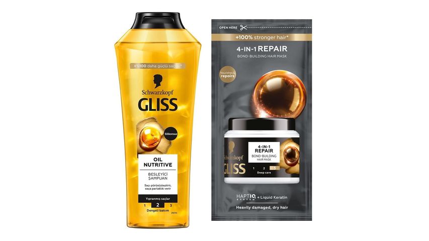 Gliss Oil Nutritive Besleyici Şampuan 400 ml & Gliss 4'ü 1 Arada Onarıcı & Yeniden Yapılandırıcı Ultimate Repair Saç Bakım Maskesi 10 ml Paketi