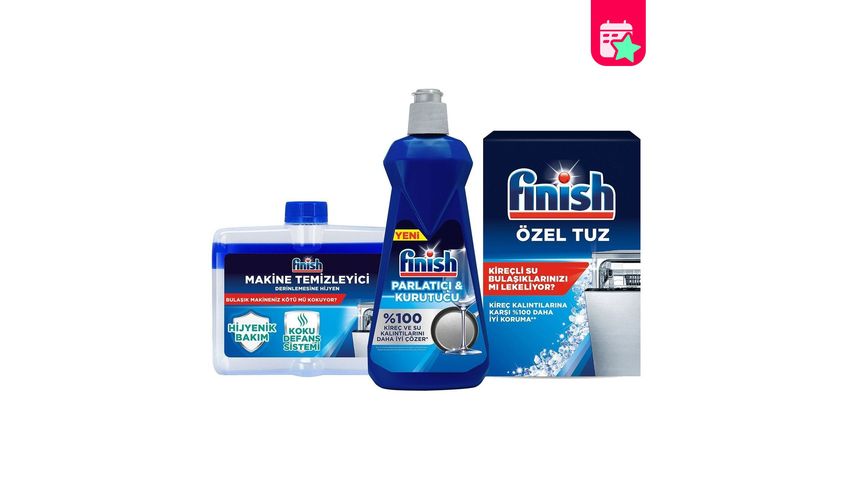 Finish Cleaning and Maintenance Kit Polishing and Drying Agent 400 ml + Machine Cleaner and Deodorizing Liquid 250 ml + Anti-Limescale Salt 550 g