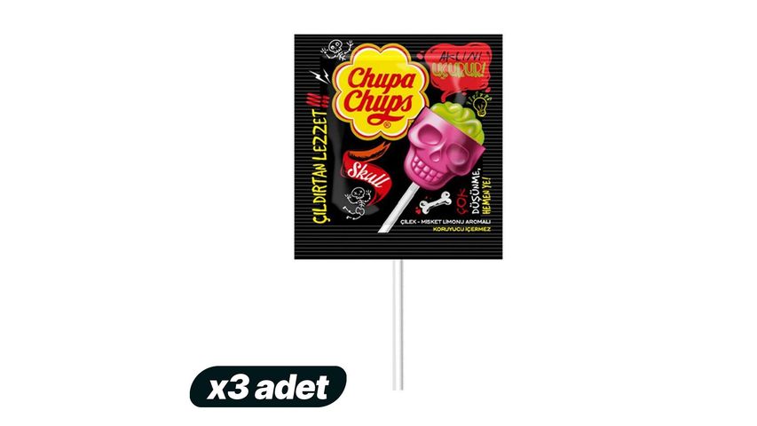 3'lü Chupa Chups 3D Skull Lolipop Çilek & Misket Limonu Aromalı 15 g Paketi