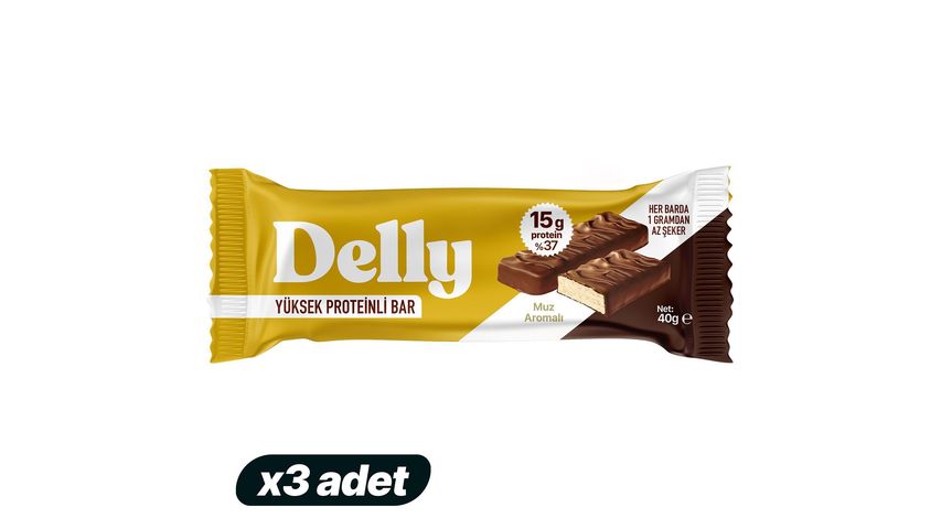 3'lü Delly Muz Aromalı Çikolata Kaplı Yüksek Protein Bar 40 g Paketi