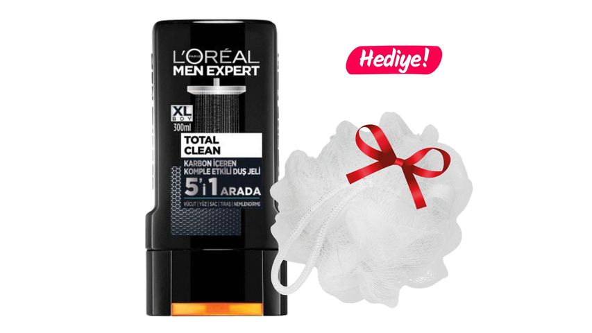 L'Oréal Paris Men Expert Total Clean 5-in-1 Charcoal Shower Gel & Shower Puff Bundle