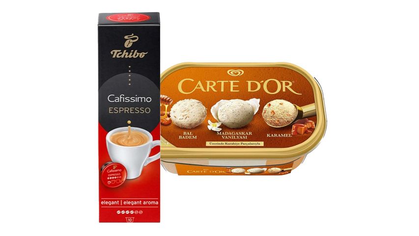 Algida Carte d'Or Classic Extra Bal Badem & Karamel 850 ml & Tchibo Cafissimo Espresso Elegant Aroma 10lu Kapsül Kahve 70 g Paketi