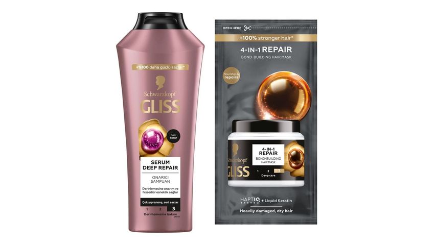 Gliss Serum Deep Repair Shampoo with Biotin Complex & Peony Extract 400 ml & Gliss 4-in-1 Repairing & Reconstructing Ultimate Repair Hair Mask 10 ml Bundle