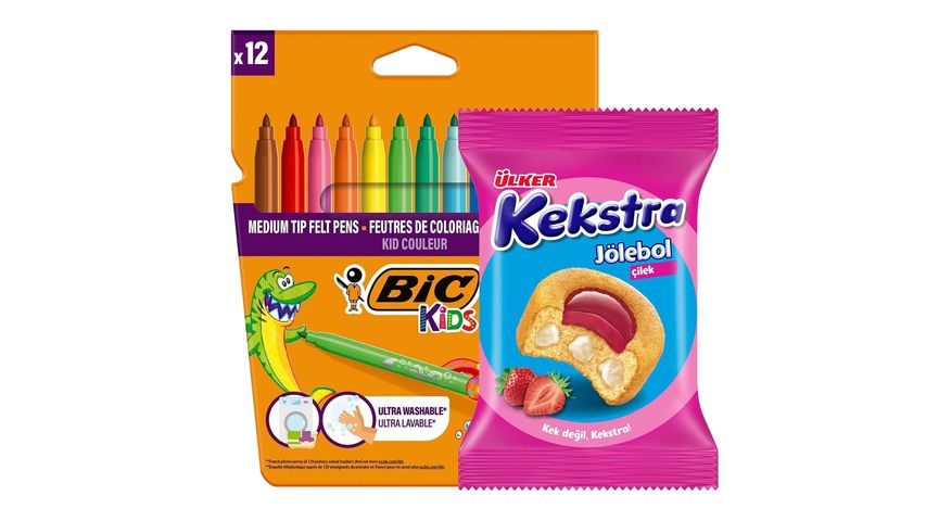 BIC Kids Kid Couleur Felt Tip Pens & Ülker Kekstra Jölebol Strawberry Cake Bundle