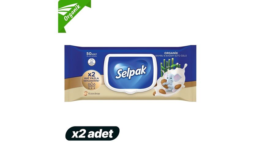 2'li Selpak® Organik Bambu Özlü & Badem Sütü Özlü Islak Mendil 50 Yaprak Paketi
