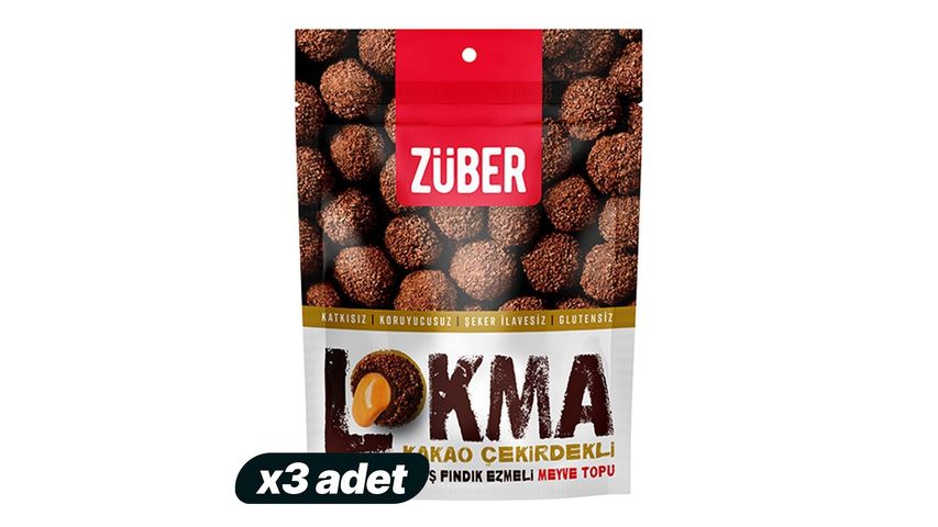 3x Züber Bites Cocoa Nibs Double Roasted Hazelnut Paste Filled Fruit Balls 96 g Bundle