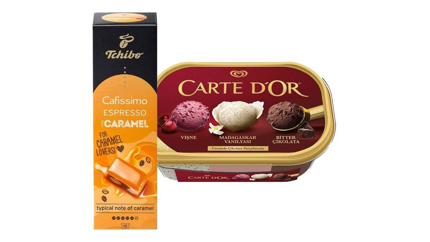 Algida Carte d'Or Classic Extra Vişne, Bitter Çikolata & Kaymak 850 ml & Tchibo Cafissimo Espresso Caramel 10'lu Kapsül Kahve Paketi