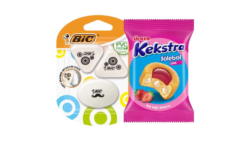 BIC Mini Fun Eraser & Ülker Kekstra Jölebol Strawberry Cake Bundle