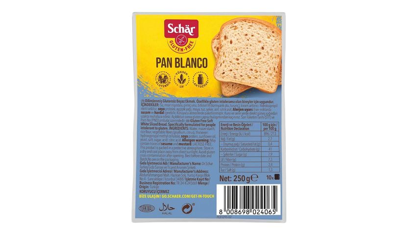 Schar Pan Blanco Dilimli Glutensiz Ekmek 250 g