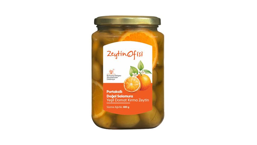 Zeytin Ofisi Portakallı Doğal Salamura Yeşil Domat Kırma Zeytin 400 g