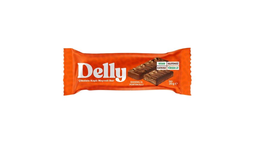 Delly Çikolata Kaplı Bademli & Portakallı Meyveli Bar 35 g