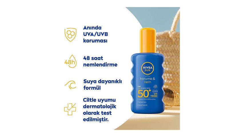 Nivea Sun SPF50 Yüksek Güneş Koruyucu ve Nemlendirici Vücut Spreyi 200 ml