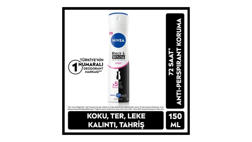 Nivea Women's Black & White Invisible Clear 72 Hour Anti-perspirant Sweat Protection Spray Deodorant 150 ml