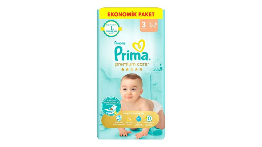 Prima Premium Care Economic Package 3 Size Diapers 52 Pieces