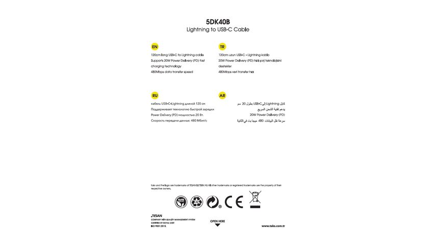 Taks Lightning Hızlı Şarj & Data Kablosu Beyaz 120 cm
