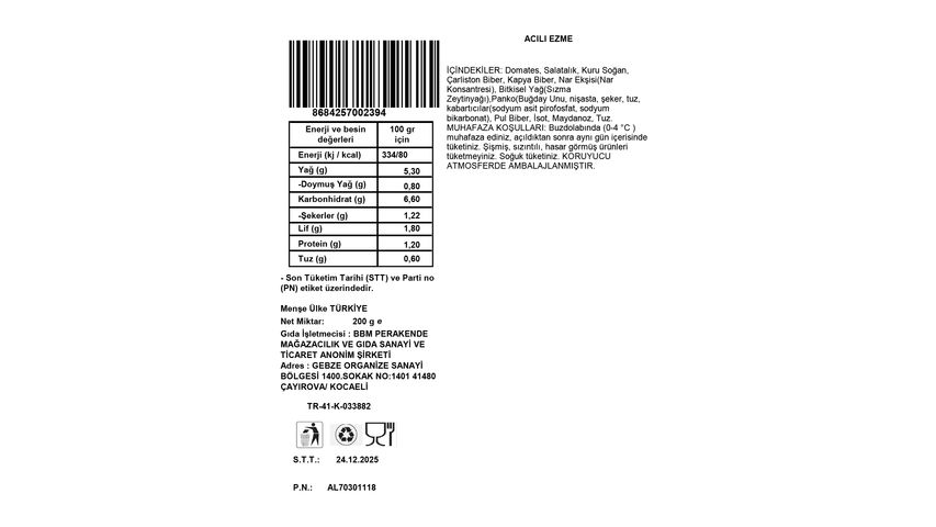 Bbm Food Acılı Ezme 200 g