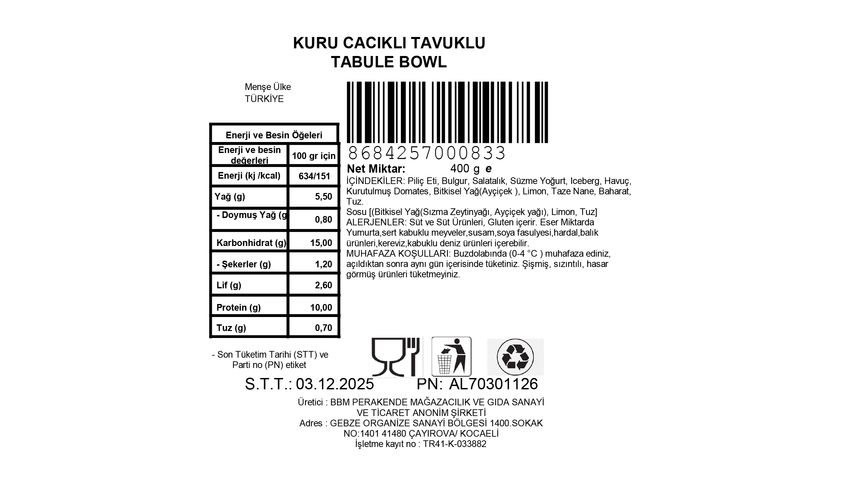 Bbm Food Kuru Cacıklı Tavuklu Tabule Bowl 400 g