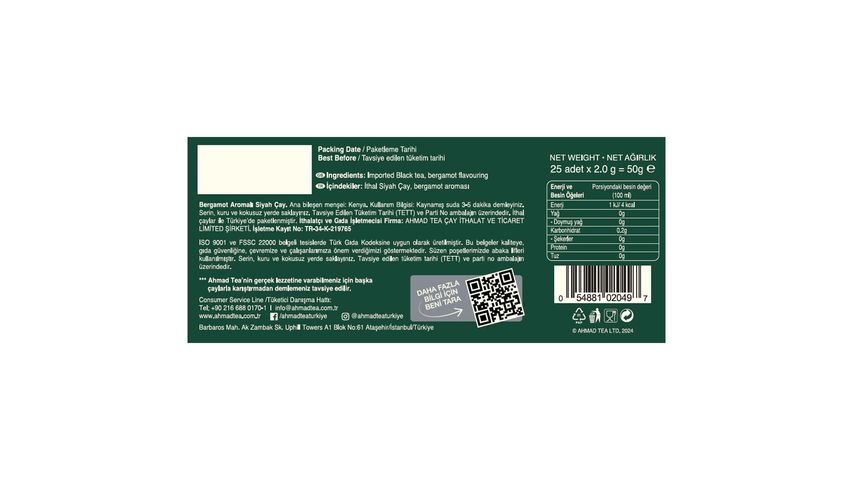 Ahmad Tea Earl Grey Bardak Poşet Çay 25'li