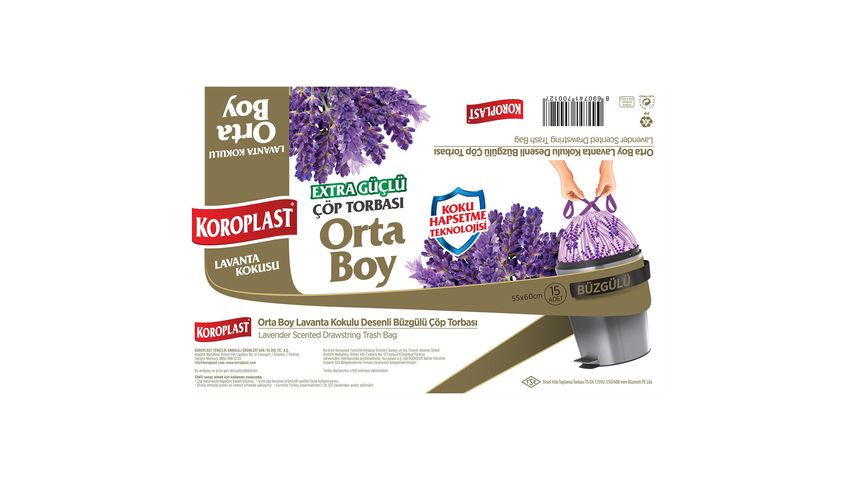 Koroplast Lavanta Kokulu Ekstra Güçlü Orta Boy Büzgülü Çöp Torbası 15'li