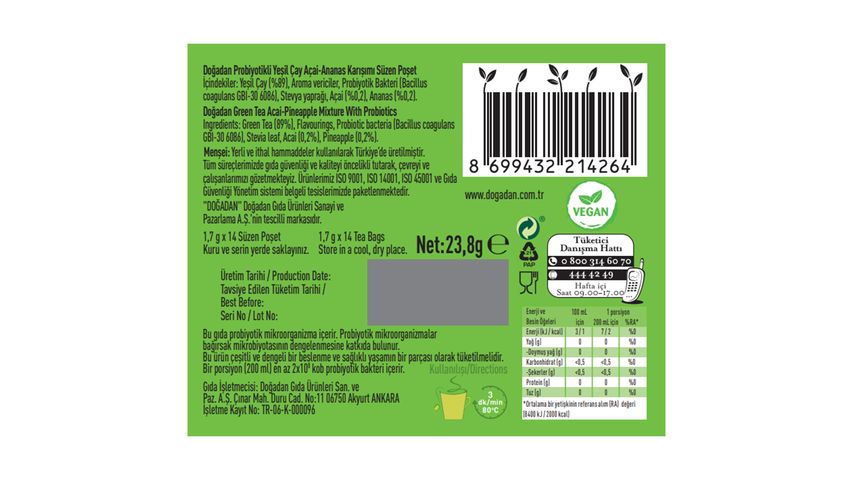 Doğadan Probiotic Green Tea Acai Pineapple 14 pcs