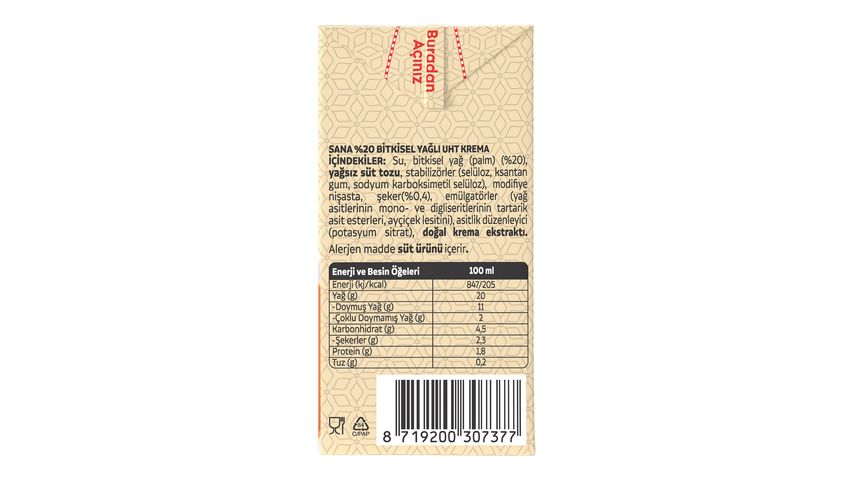 Sana Bitkisel Yağlı Yemeklik Krema 200 ml