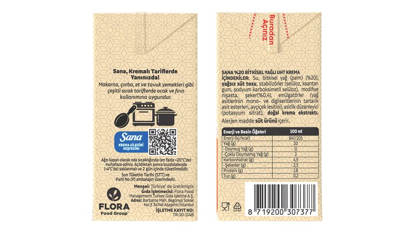 Sana Bitkisel Yağlı Yemeklik Krema 200 ml