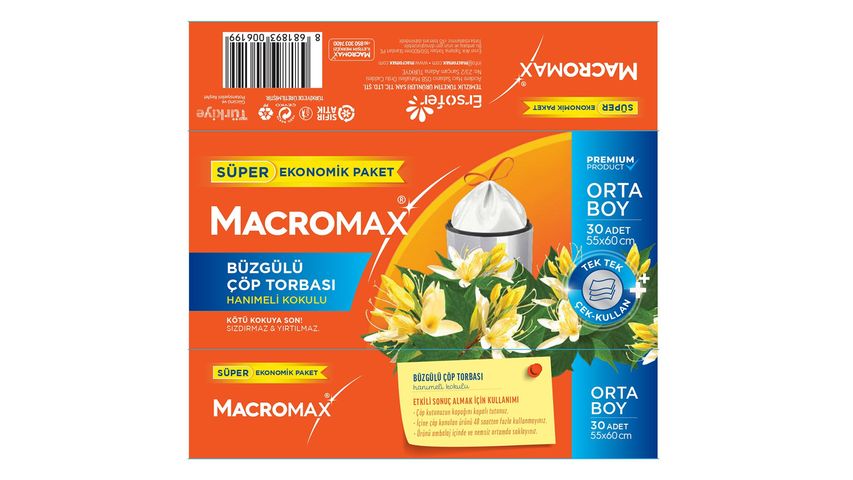 Macromax Hanımeli Kokulu Büzgülü Çöp Torbası Orta Boy 30'lu