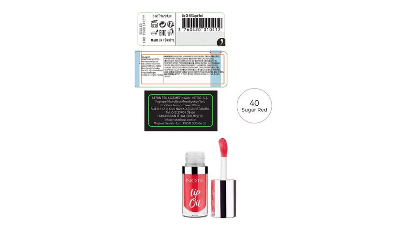 Note Cosmetics Lip Oil 40 Sugar Red Moisturizing & Glossy Lip Care Oil - Red