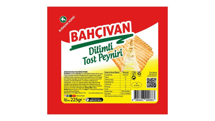 Bahçıvan Dilimli Tost Peyniri 225 g
