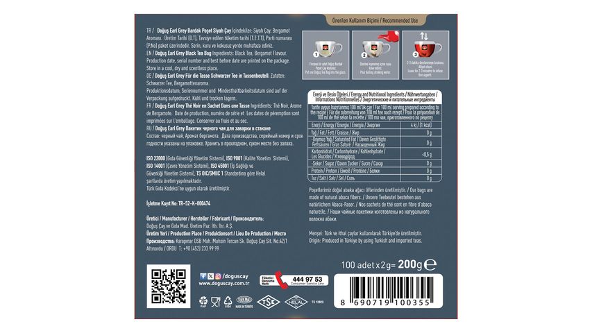 Doğuş Earl Grey Bardak Poşet Siyah Çayı Bergamot Aromalı 100'lü