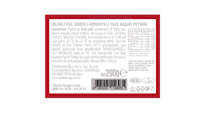 Tahsildaroğlu Pul Biberli Biberiyeli Taze Kaşar 200 g