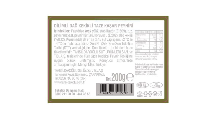 Tahsildaroğlu Dilimli Dağ Kekikli Taze Kaşar 200 g