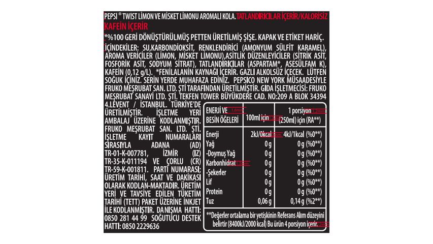 Pepsi Twist Limon Aromalı Şekersiz Kola Pet 1 L