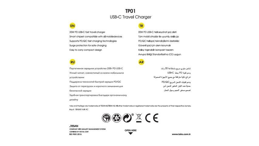 taks TP01 20W PD USB-C Hızlı Beyaz Şarj Aleti