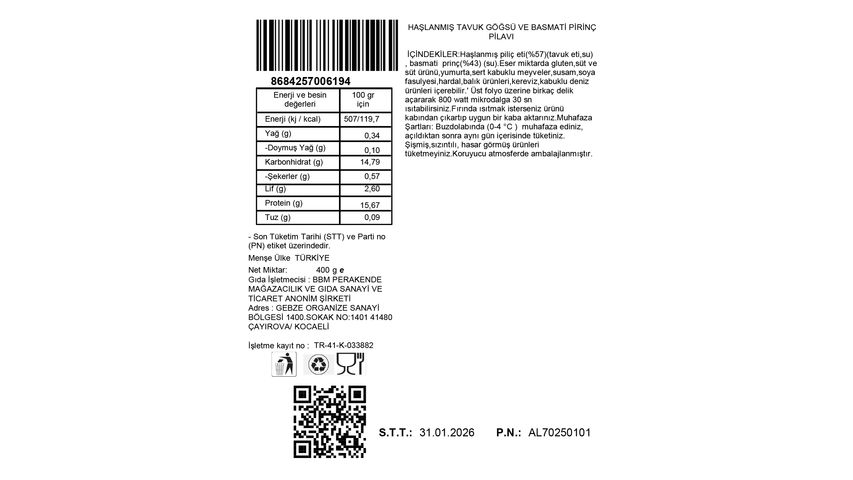 Bbm Food Haşlanmış Tavuk Göğsü & Basmati Pirinç Pilavı 350 g