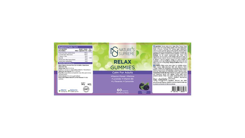 Nature's Supreme Relax Gummies Form Böğürtlen 60'lı