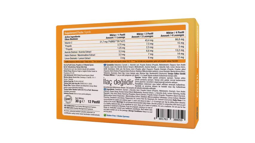 One Up Pastil Propolis & Limon 12 Pastil Ballı