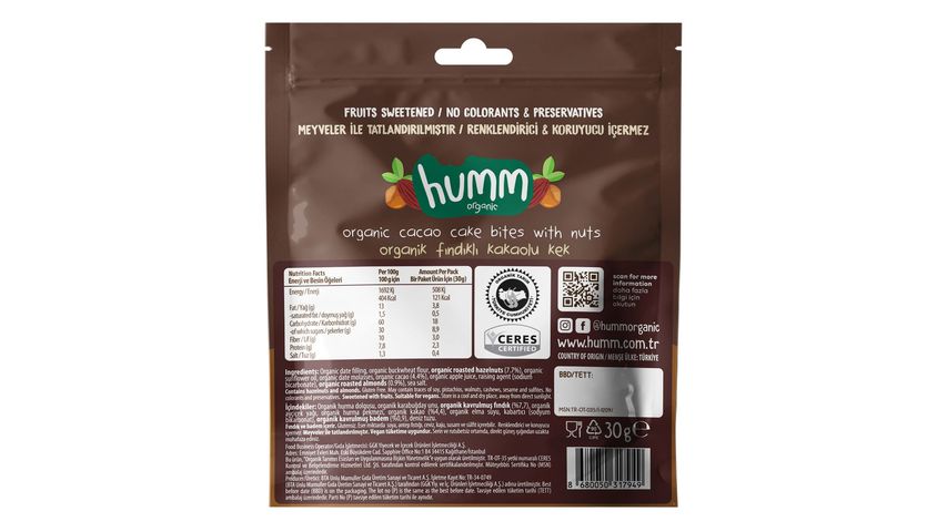 Humm Organik Glutensiz Vegan Kakaolu & Fındıklı Kek 30 g