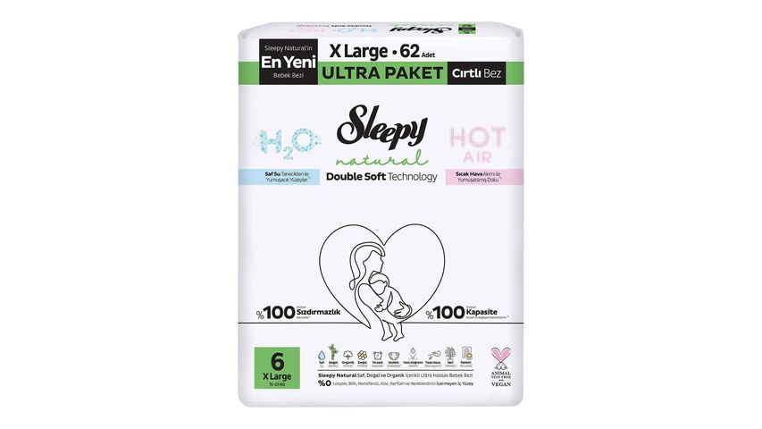 Sleepy Natural Double Soft Baby Diaper Ultra XL No:6 62 pcs