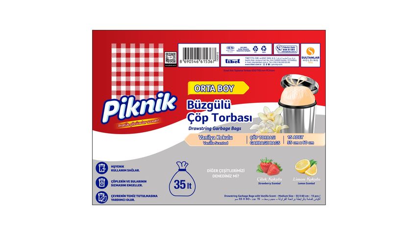 Piknik Çöp Torbası Büzgülü Vanilya Orta 15 Adet