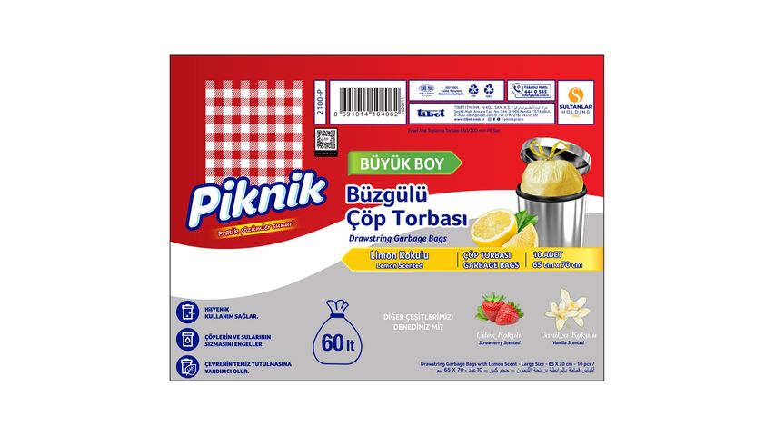 Piknik Drawstring Garbage Bags Lemon Large 10 pcs