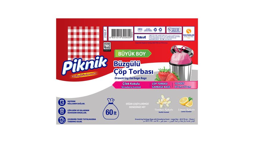Piknik Drawstring Garbage Bags Strawberry Large 10 pcs