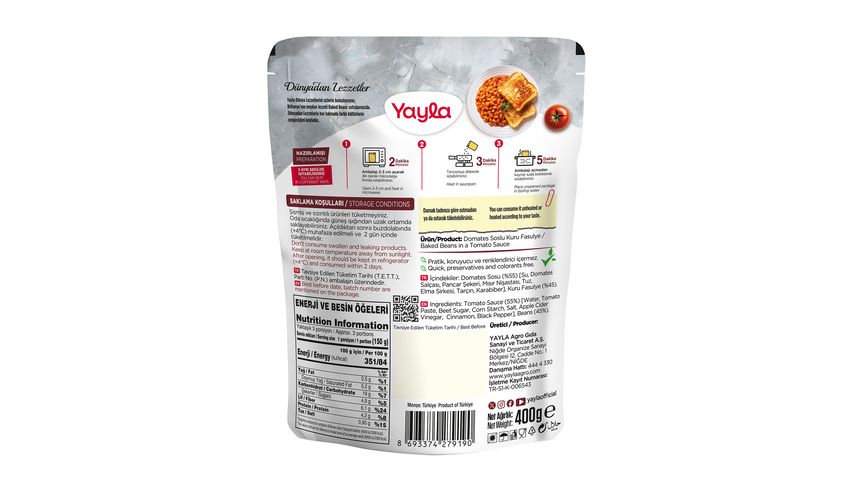 Yayla Baked Beans Domates Soslu Kuru Fasulye 400 g