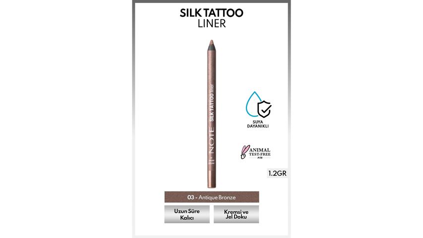 Note Silk Tattoo Liner 03 Antique Bronze – Suya Dayanıklı İpeksi Jel Göz Kalemi (Bronz, Işıltılı)
