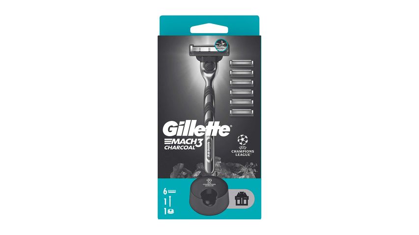 Gillette Mach3 Charcoal Razor with 6 Refill Blades + Razor Stand