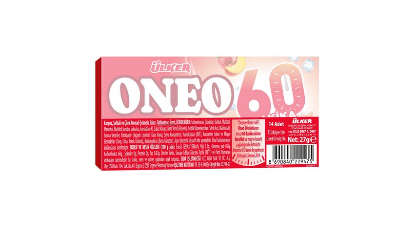 Ülker Oneo 60 Minutes Watermelon, Peach & Strawberry Flavored Sugar-Free Gum 27 g