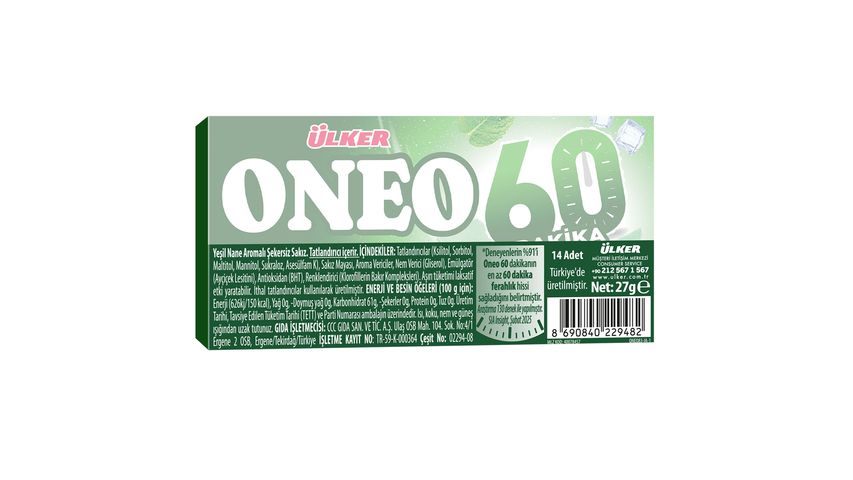 Ülker Oneo 60 Minutes Spearmint Flavored Sugar-Free Gum 27 g