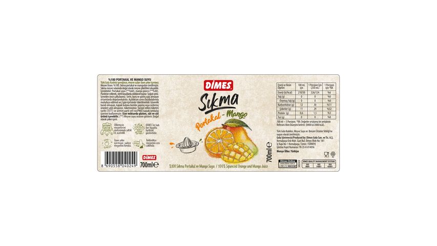 Dimes Sıkma Portakal & Mango Aromalı Meyve Suyu 700 ml