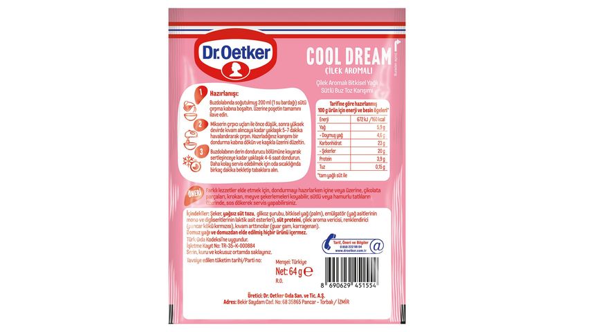 Dr. Oetker Cool Dream Çilek Aromalı Sütlü Buz Toz Karışımı 64 g